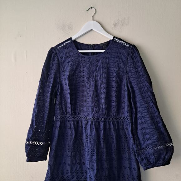 J. Crew Eyelet Lace Dress Long Sleeve Flutter Hem Mini Navy Blue Womens Size 12 - Picture 6 of 15